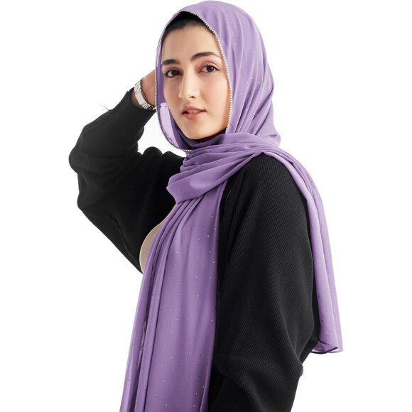 Women's Purple Hijab Premium Chiffon Hijab Rhinestone Comfort Scraf Muslim - Picture 1 of 6